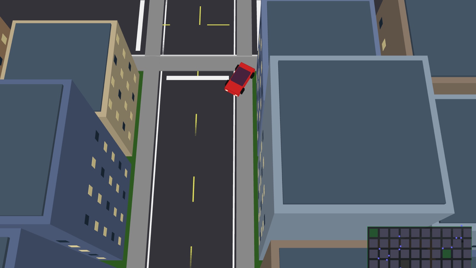 GTA2-style top-down driving game — red car at an intersection