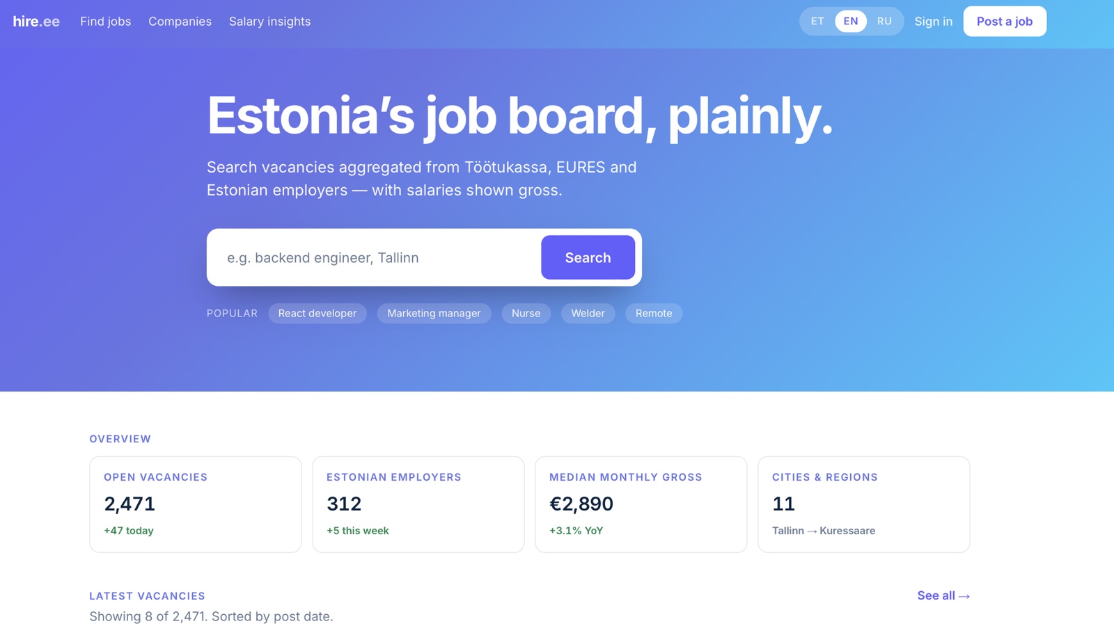 hire.ee — Estonia's job board with aggregated vacancies, salary stats, and ET/EN/RU language switcher