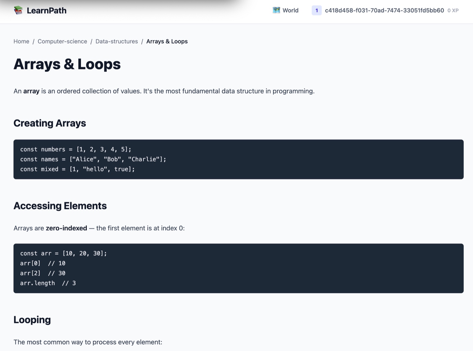 LearnPath lesson page — Arrays & Loops with code samples and breadcrumb navigation