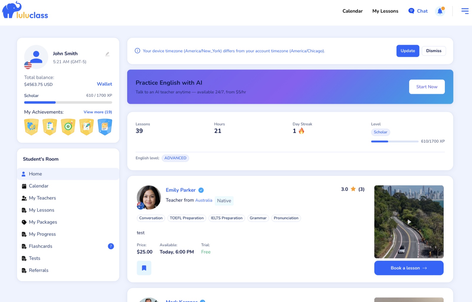 Luluclass student dashboard — XP, achievements, teacher listings