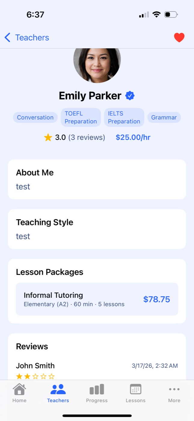 Luluclass iOS app — teacher profile with packages, reviews, and bottom tab bar