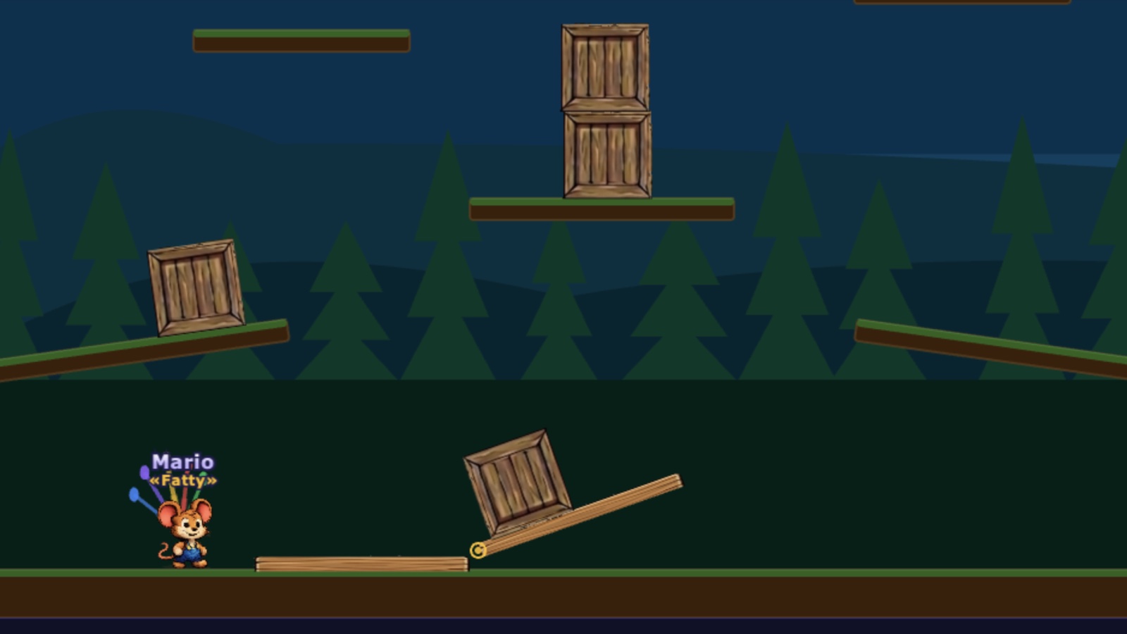 MouseRace — mouse character on a forest level with shaman-placed crates and planks