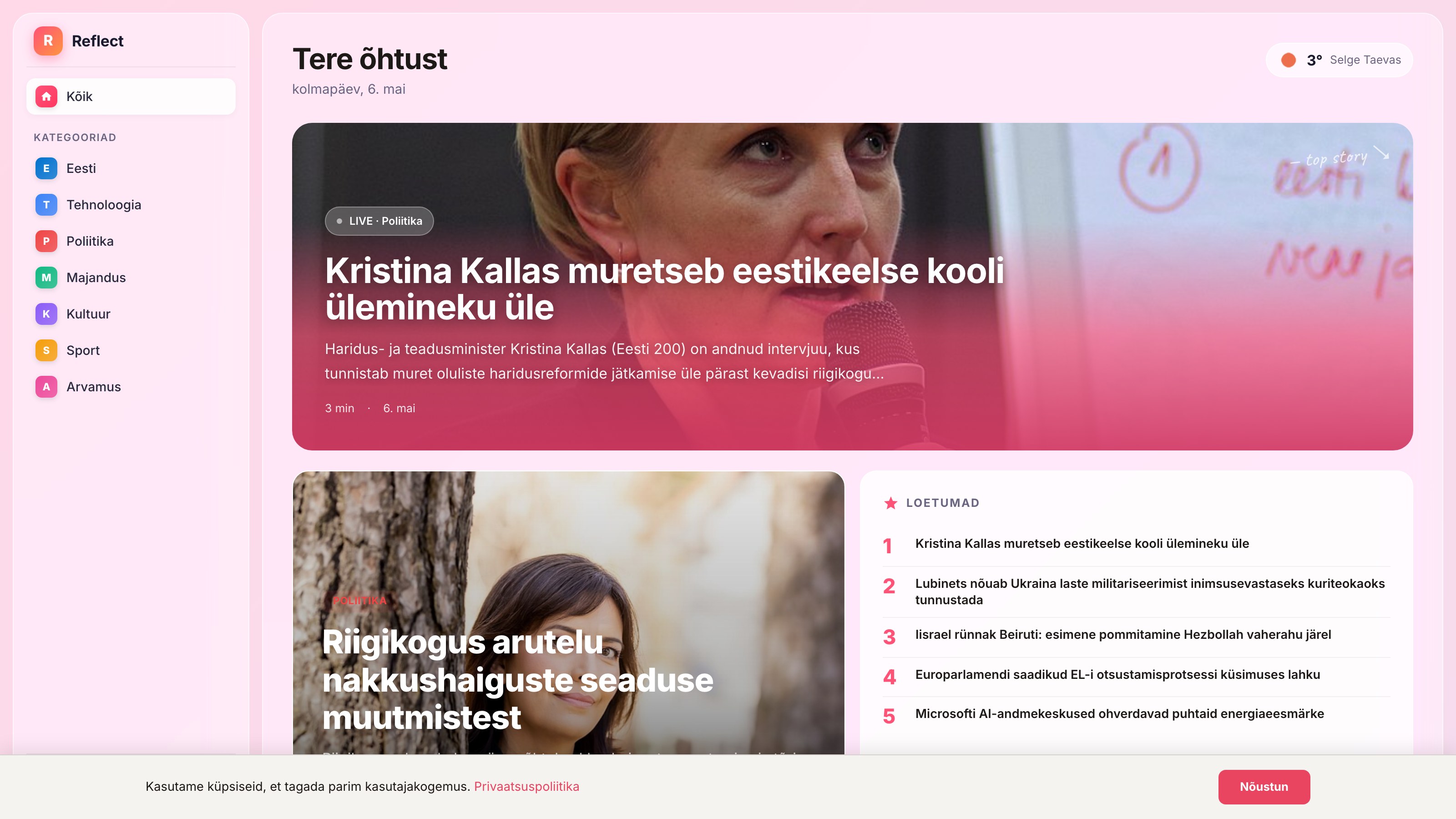 Reflect.ee — AI news platform homepage